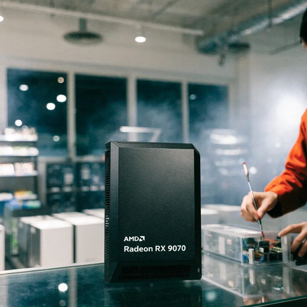 작업대에서 AMD 라데온 RX 9070 시리즈 그래픽카드를 양손으로 들어 확인하는 모습